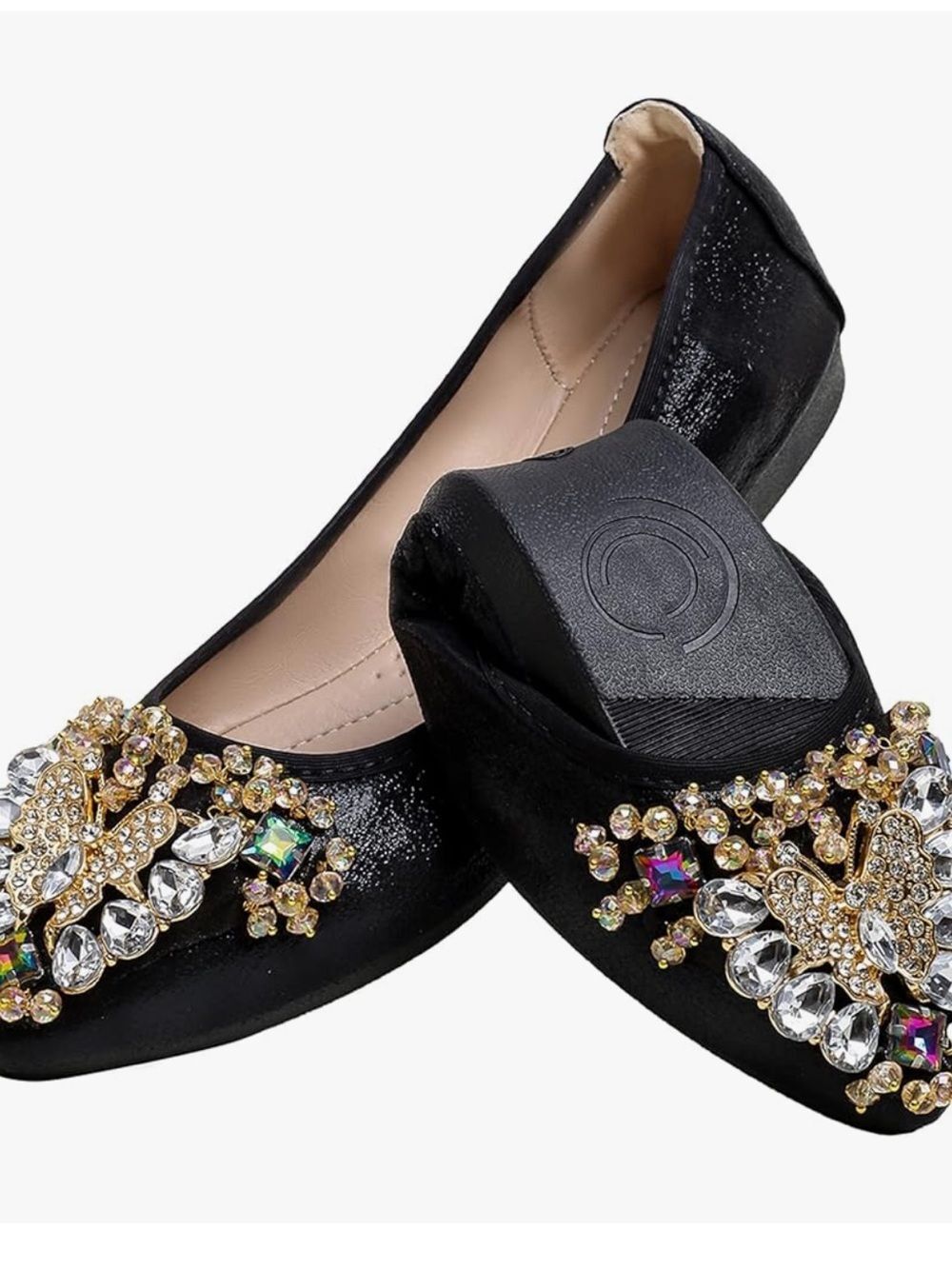 Embellished Black Butterfly Pointed-Toe Flats